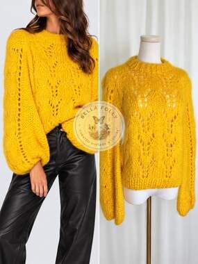 GANNI The Julliard Yellow Hand Knit Mohair Wool Sweater Balloon Sleeve XS Italy